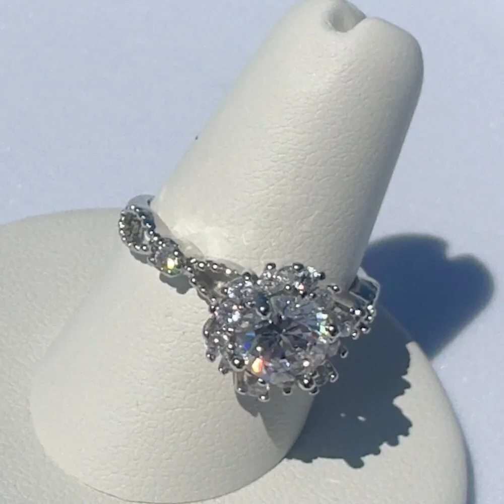 Adjustable Silver Ring W/ 2.0 Ct Diamond Simulate & Moissanite Elegant